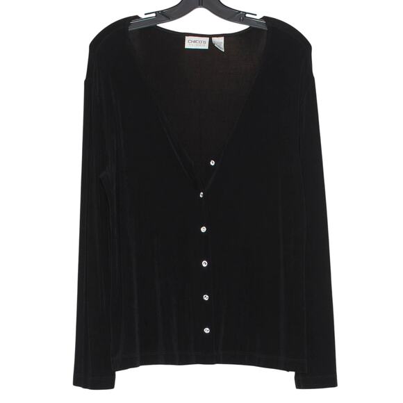 Chicos Travelers Cardigan Slinky Minimalist Academia Button Up Black 2 Large 12 - Picture 1 of 4
